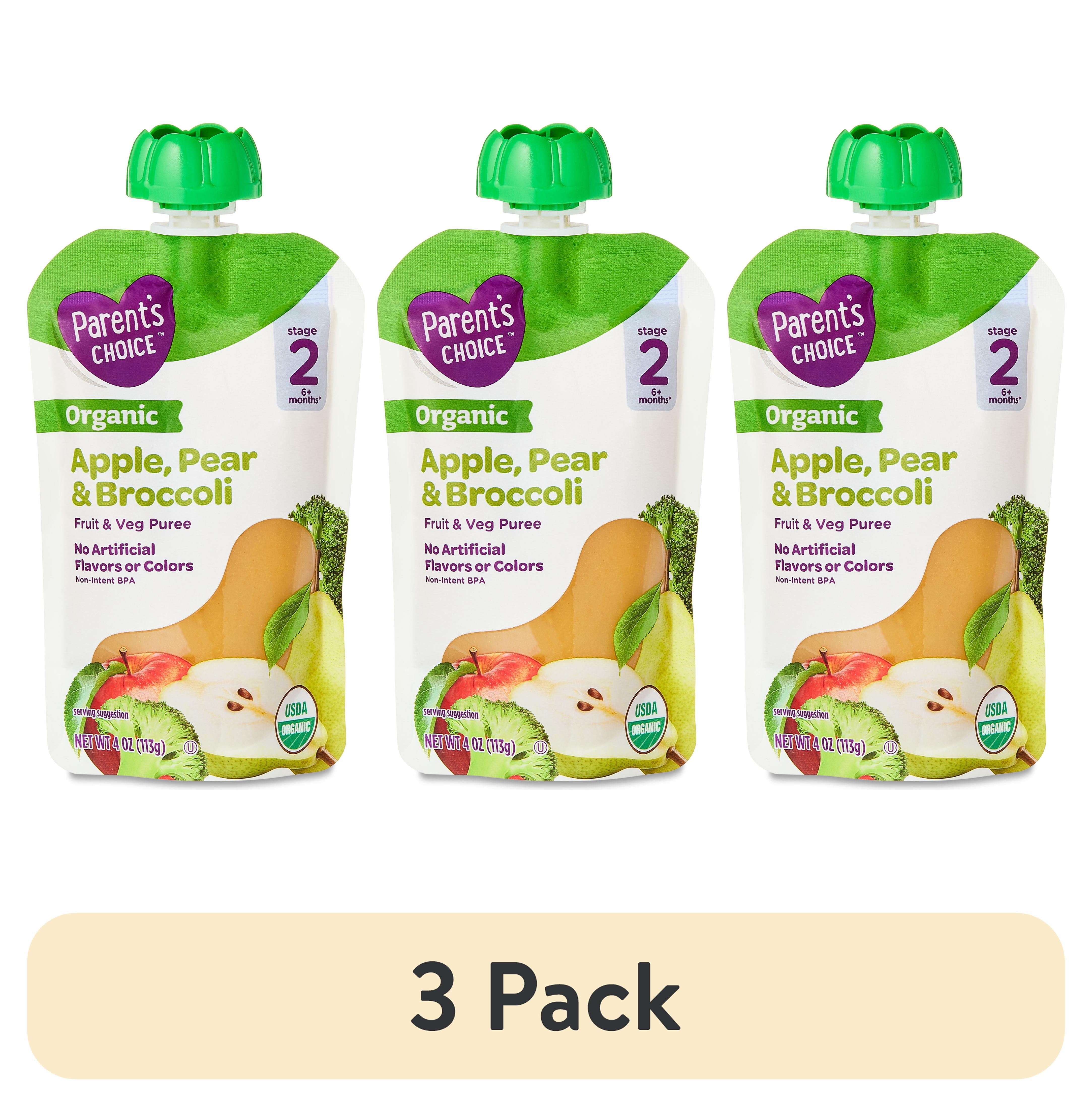 (3 pack) Parent's Choice Organic Stage 2 Baby Food Apple, Pear, and Broccoli Puree, 4 oz Pouch