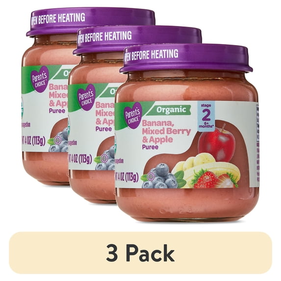 (3 pack) Parent's Choice Organic Stage 2 Baby Food Banana, Mixed Berry, and Apple Puree, 4 oz Jar