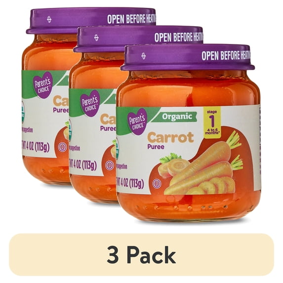 (3 pack) Parent's Choice Organic Stage 1 Baby Food Carrot Puree, 4 oz Jar