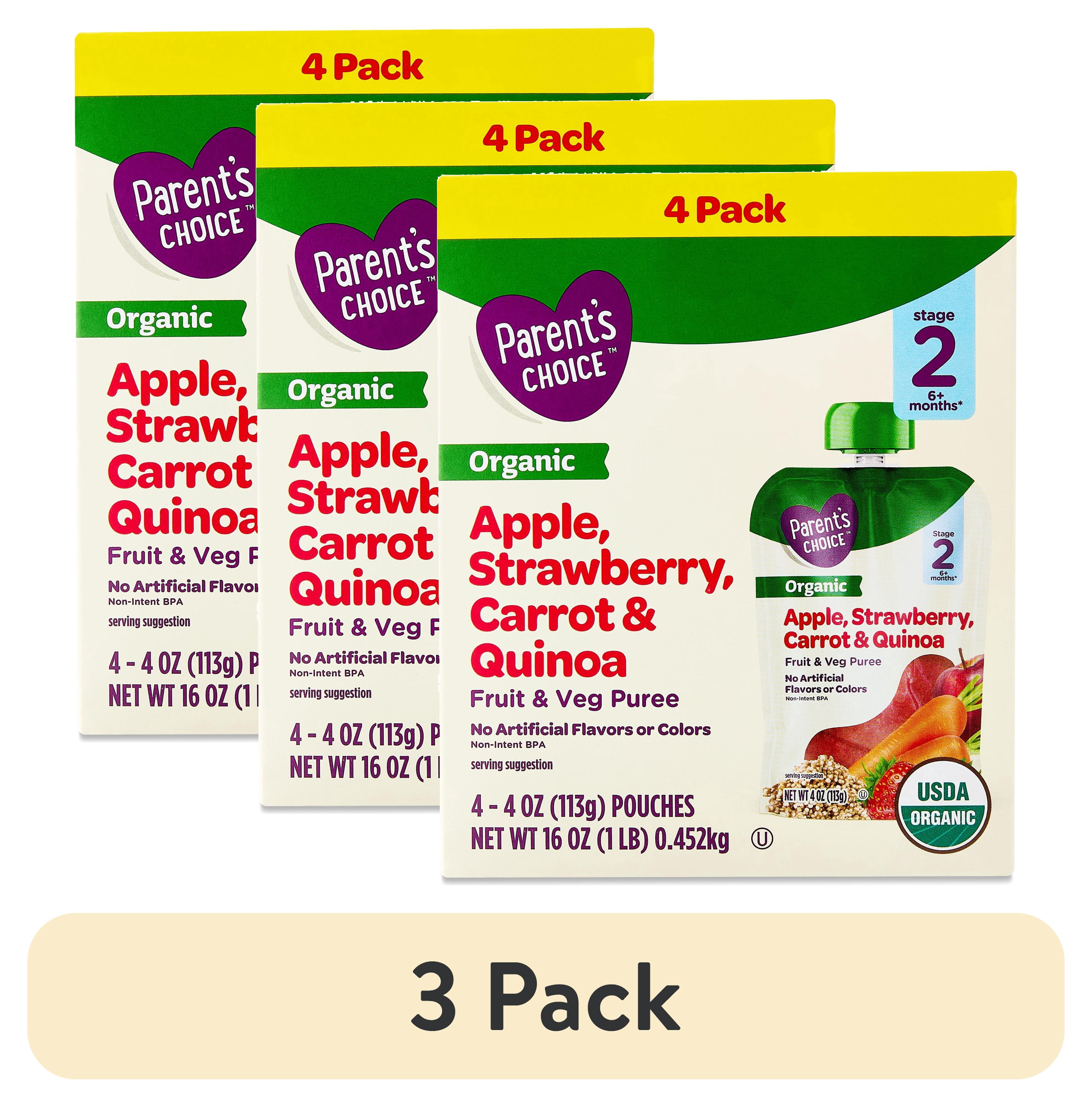 (3 pack) Parent's Choice Organic Stage 2 Baby Food Apple, Strawberry, Carrot & Quinoa, 4 oz Pouches, 4 Pack