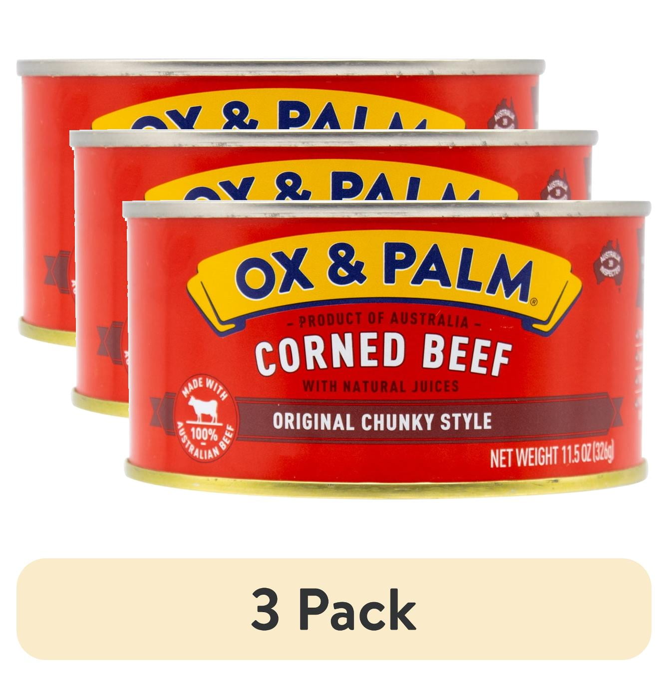 (3 Pack) Ox & Palm Premium Grass-Fed Corned Beef, Original Flavor, 11.5 Oz Can, No Hormones Or Antibiotics, Chunky & Juicy, Australian Beef