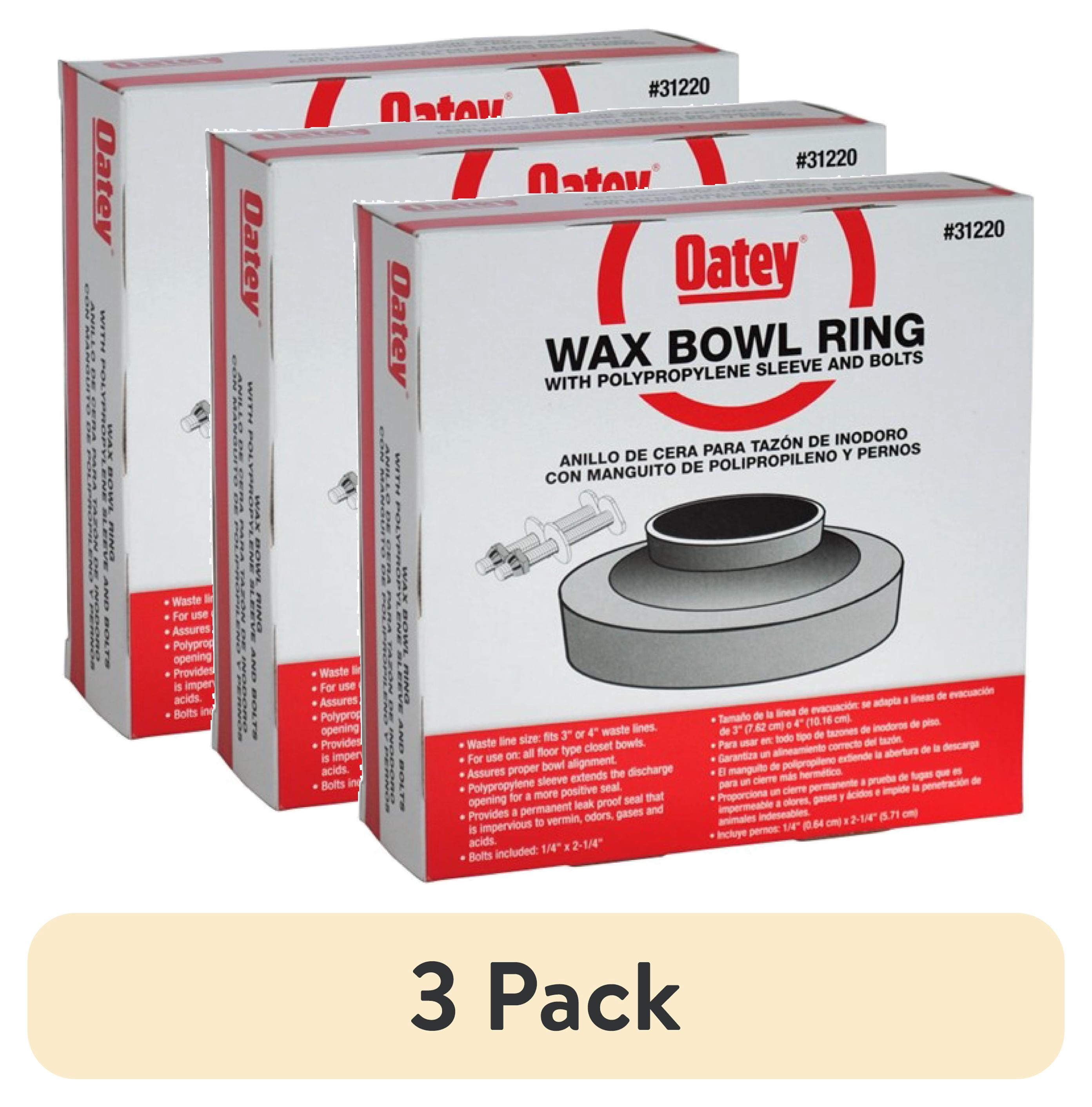 (3 pack) Oatey Leak-Proof Petroleum Toilet Wax Bowl Ring with Polyethylene Sleeve and Bolts, 1-Pack