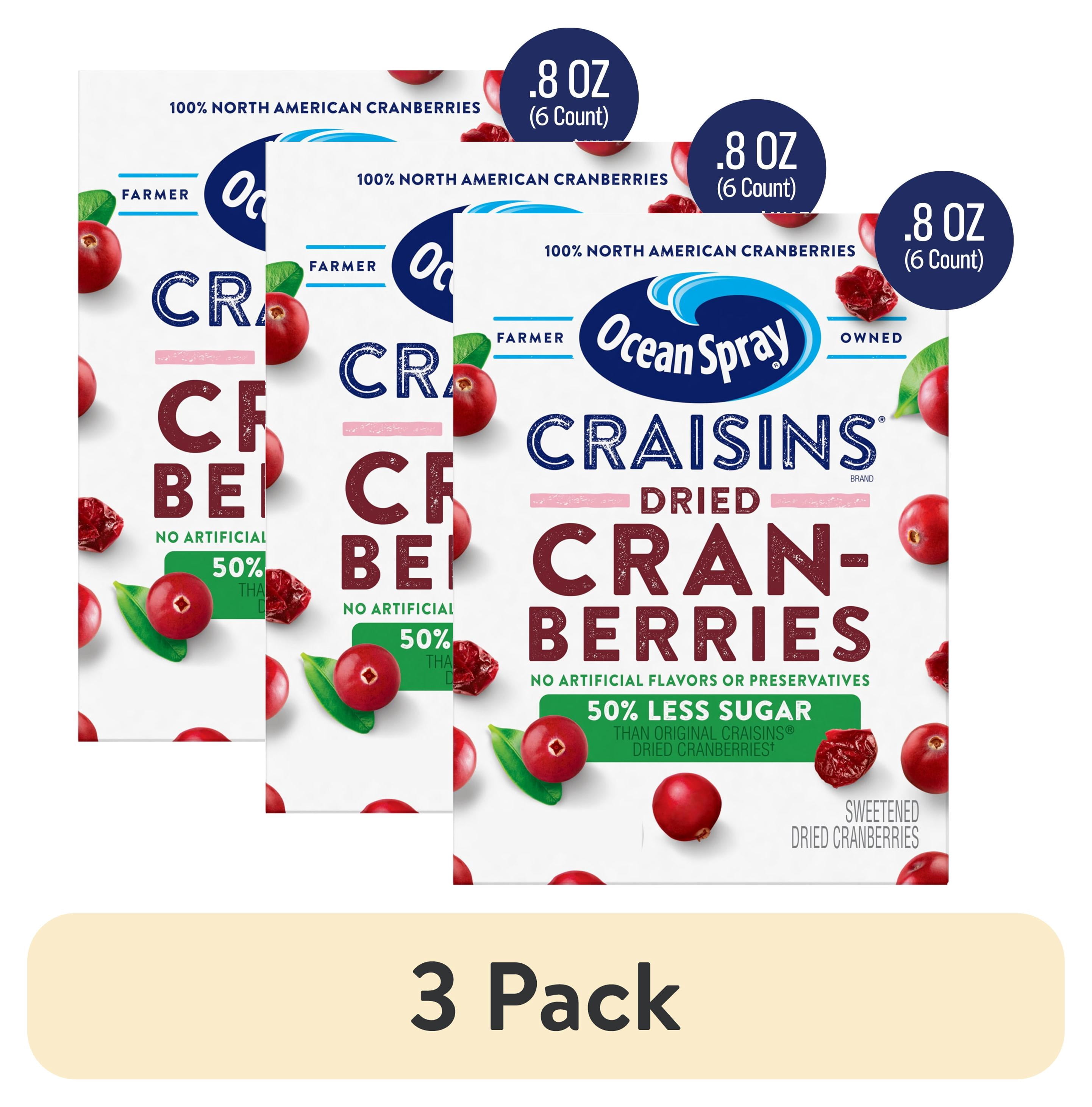 (3 pack) Ocean Spray® Craisins®, 50% Less Sugar Dried Cranberries, Dried Fruit, 8 oz Pouches, 6 Count