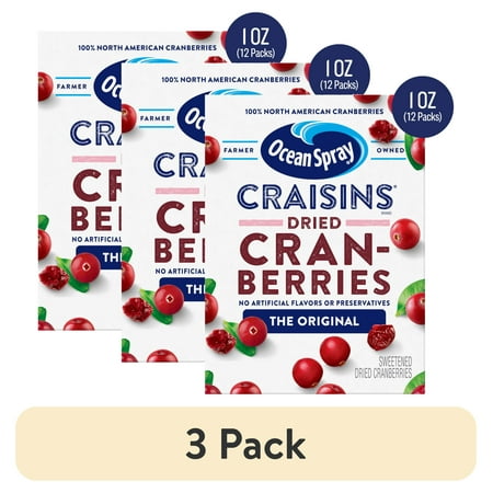 (3 pack) Ocean Spray® Craisins® Original Dried Cranberries, Dried Fruit, 1 oz Bricks, 12 Count