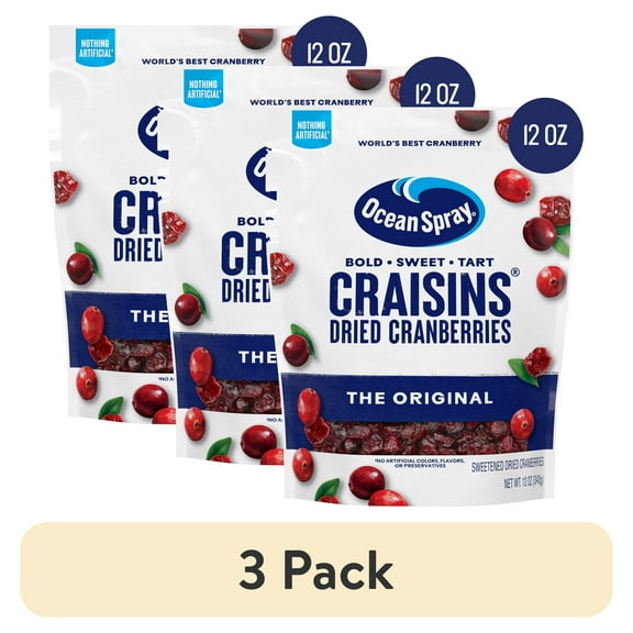 (3 pack) Ocean Spray Craisins Original Dried Cranberries, Dried Fruit, 12 oz Pouch