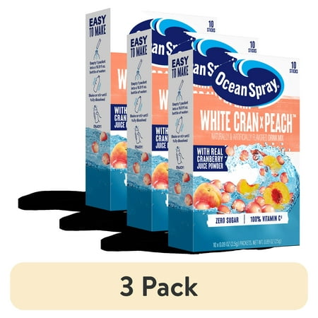 (3 pack) Ocean Spray On-The-Go Powdered Drink Mix, White Cran Peach, Zero Sugar, 10 Count