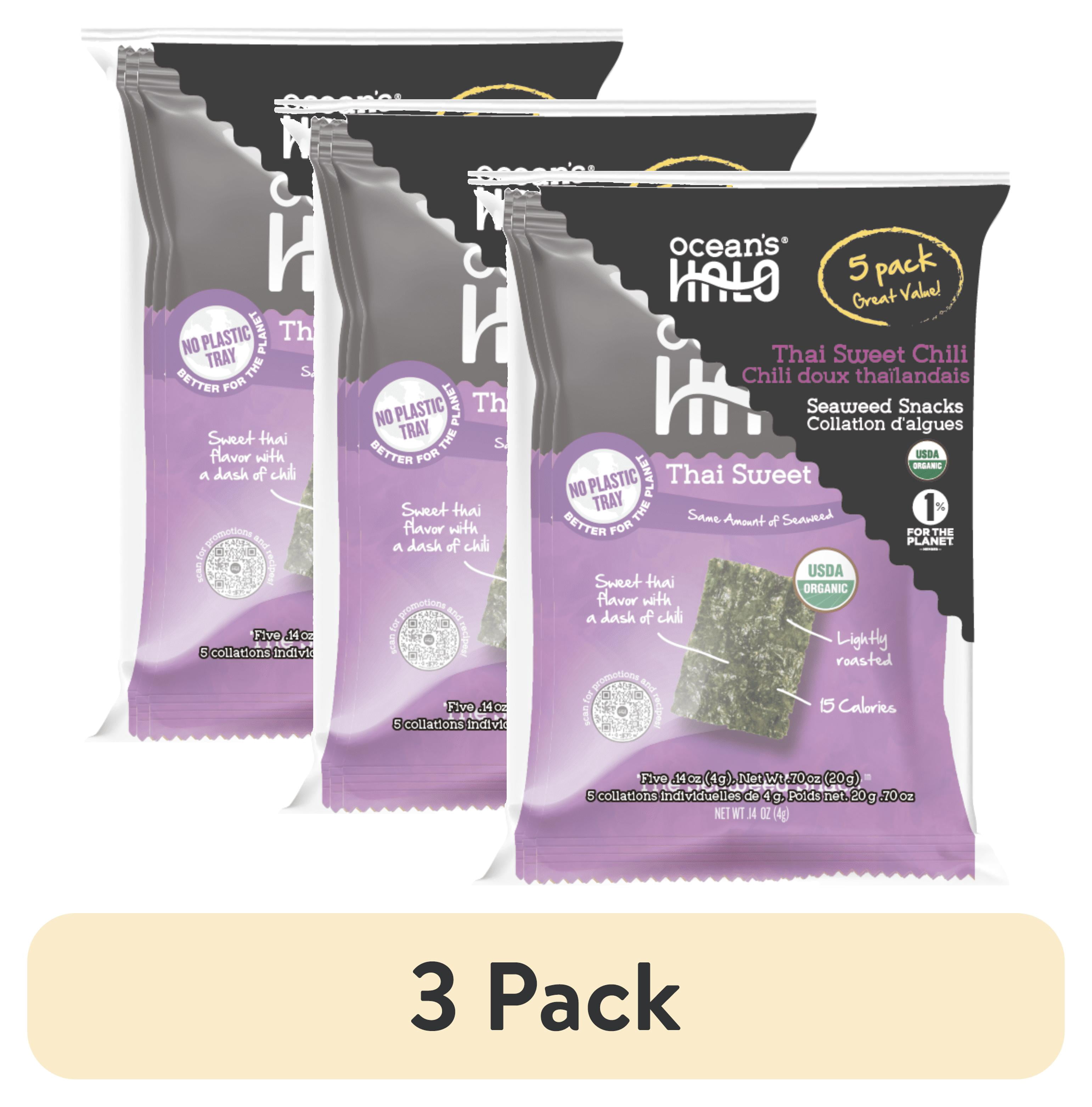 (3 pack) Ocean's Halo, 5 Pack Organic Trayless Seaweed Snack, Thai Sweet Chili, Vegan, Shelf-Stable Nori, 0.14 oz each