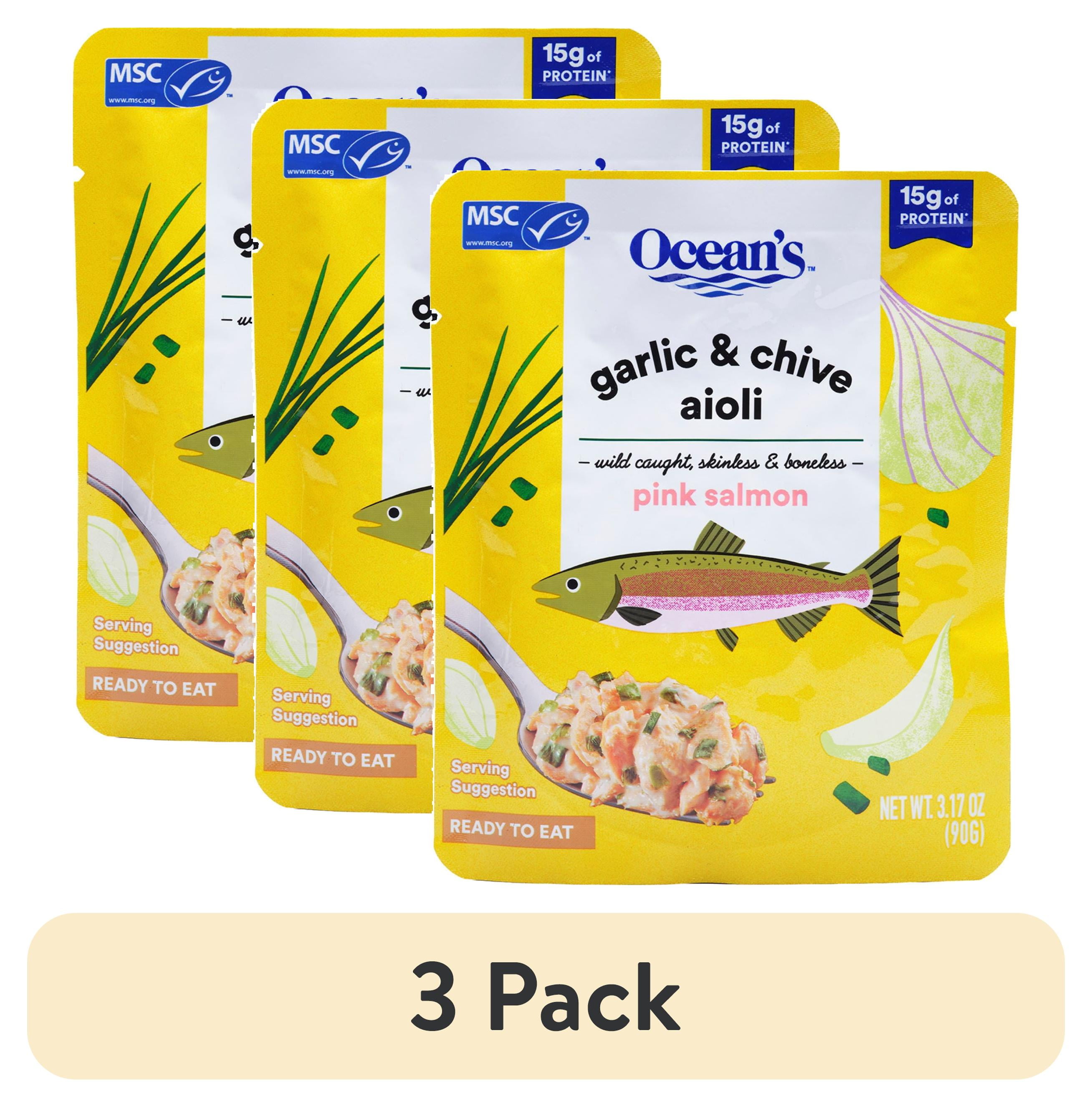 (3 pack) Ocean's Wild Alaskan Pink Salmon, Garlic & Chive Aioli, 15g Protein, Shelf-Stable, 3.17 oz Pouch