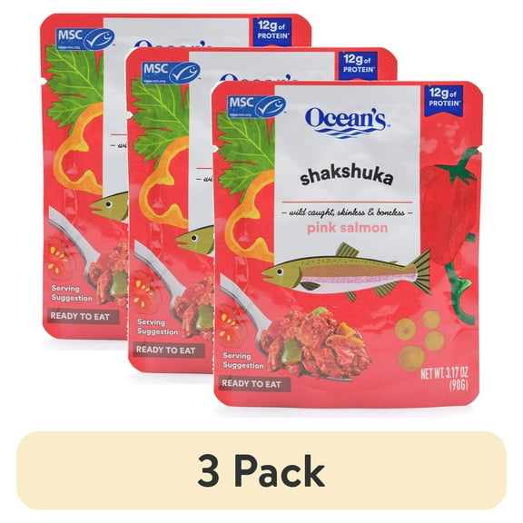 (3 pack) Ocean's Wild Alaskan Pink Salmon, Shakshuka, 12g Protein, Shelf-Stable, 3.17 oz Pouch