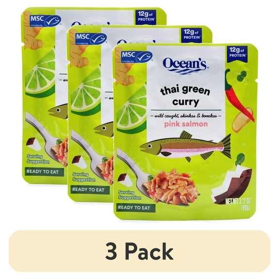 (3 pack) Ocean's Wild Alaskan Pink Salmon, Thai Green Curry, 12g Protein, Shelf-Stable, 3.17 oz Pouch