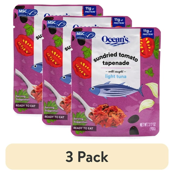 (3 pack) Ocean's Wild Caught Light Tuna, Sundried Tomato Tapenade, 11g Protein, Shelf-Stable, 3.17oz Pouch