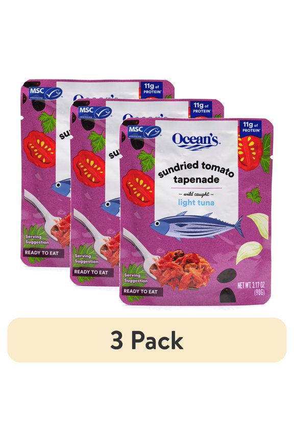 (3 pack) Ocean's Wild Caught Light Tuna, Sundried Tomato Tapenade, 11g Protein, Shelf-Stable, 3.17oz Pouch