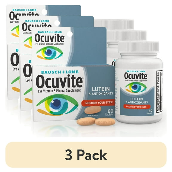 (3 pack) Ocuvite Eye Vitamin & Mineral Supplement, Contains Zinc, Vitamins A, C, E, & Lutein, 60 Tablets, From Bausch + Lomb