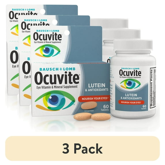 (3 pack) Ocuvite Eye Vitamin & Mineral Supplement, Contains Zinc, Vitamins A, C, E, & Lutein, 60 Tablets, From Bausch + Lomb