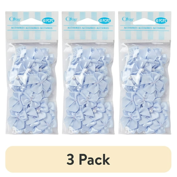 (3 pack) Offray accessories, blue 5/8 inch value pack 2 loop bow with pearl accessor yard for wedding, hair clips, and scrapbooking, 40 count, 1 package