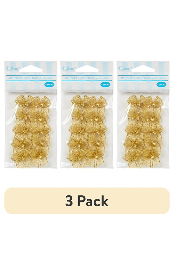 (3 pack) Offray accessories, gold 5/8 inch 2 loop bow with pearl accessor yard for wedding, hair clips, and scrapbooking, 10 count, 1 package
