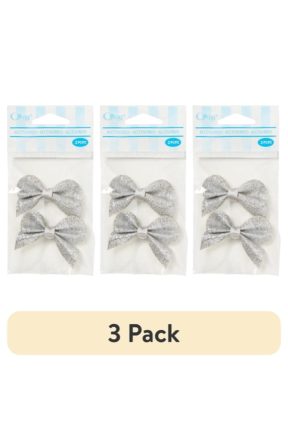 (3 pack) Offray Accessories, Silver Glitter Bows Accessory for Wedding, Hair Clips, and Scrapbooking, 2 count, 1 Package