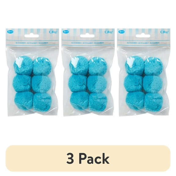 (3 pack) Offray Blue 1 1/2" Acrylic Yarn Pom Poms Great for Decorating Apparel & DIY Crafts, 6 Count, 1 Package