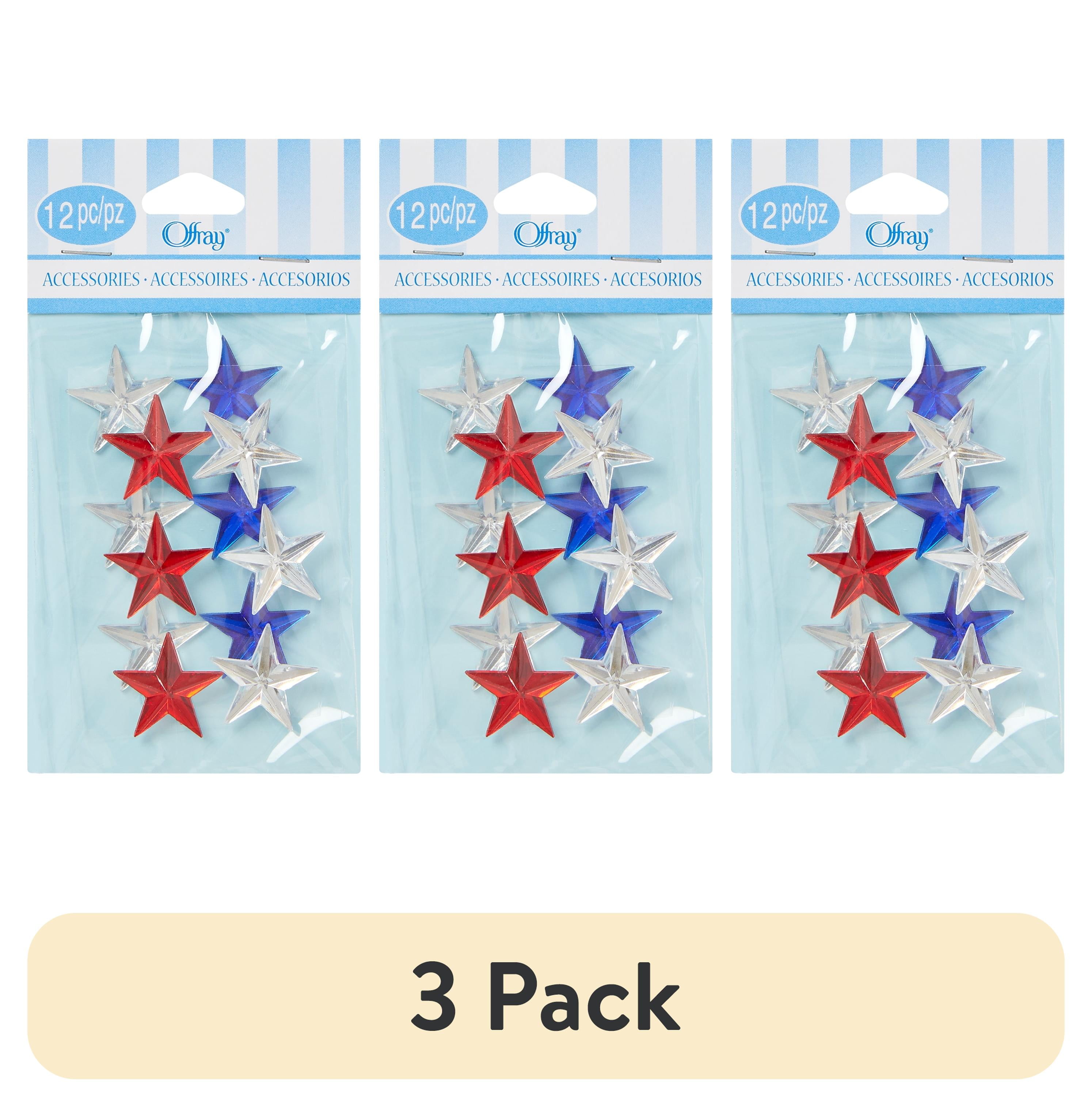 (3 pack) Offray Embellishment, Red, White, and Blue Adhesive Stars, Pack of 12