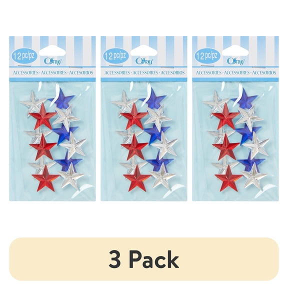 (3 pack) Offray Embellishment, Red, White, and Blue Adhesive Stars, Pack of 12