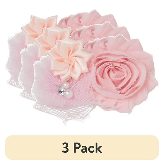 (3 pack) Offray Light Pink Satin Tulle with Gem Flower Cluster, 1 Each