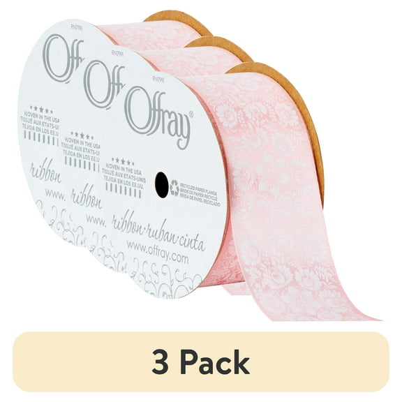 (3 pack) Offray Ribbon, Light Pink 1 1/2 inch Floral Satin Ribbon, 9 feet