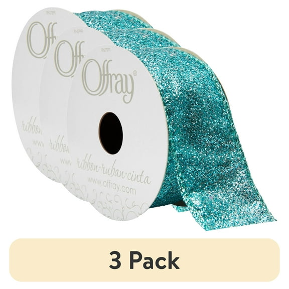 (3 pack) Offray Ribbon, Aqua Blue 1 1/2 inch Wired Edge Metallic Ribbon, 9 feet