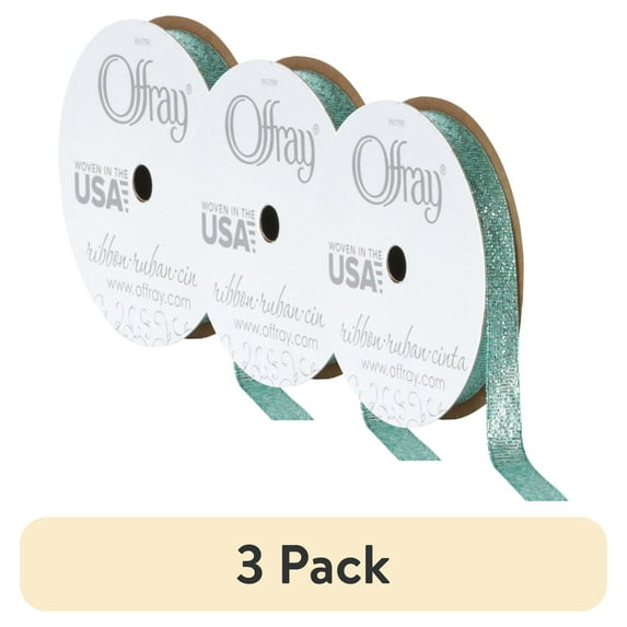 (3 pack) Offray Ribbon, Aqua Blue 3/8 inch Galena Metallic Ribbon, 9 feet