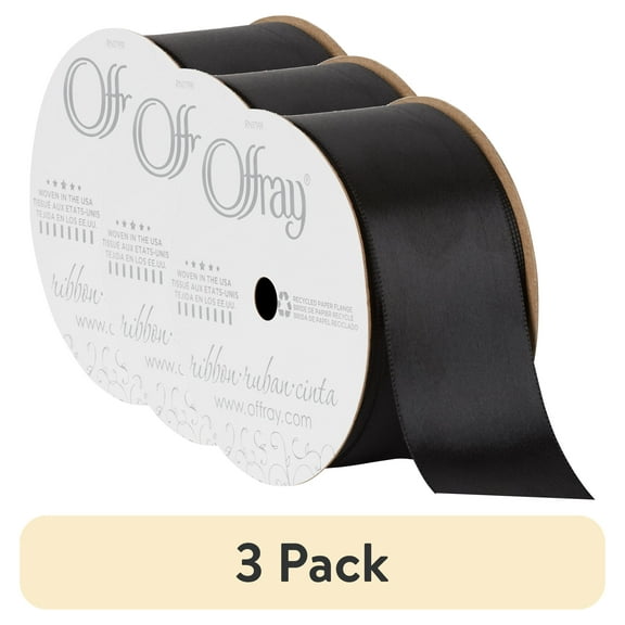 (3 pack) Offray Ribbon, Black 1 1/2 inch Single Face Satin Polyester Ribbon for Sewing, Crafts, and Gifting, 12 feet, 1 Each