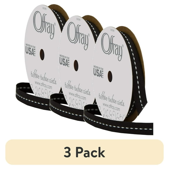 (3 pack) Offray Ribbon, Black 3/8 inch Center Stitch Grosgrain Ribbon, 12 feet
