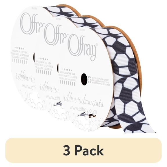 (3 pack) Offray Ribbon, Black White 7/8 inch Soccer Grosgrain Ribbon for Sewing, Crafts, and Gifting, 9 feet, 1 Each