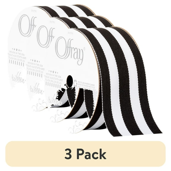 (3 pack) Offray Ribbon, Black and White Stripes 1 1/2 inch Grosgrain Polyester Ribbon, 9 feet