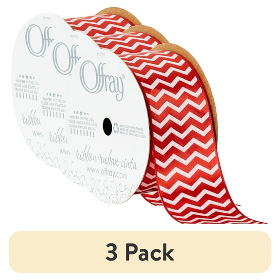 (3 pack) Offray Ribbon, Chevron Red 1 1/2 inch Single Face Satin Polyester Ribbon, 9 feet