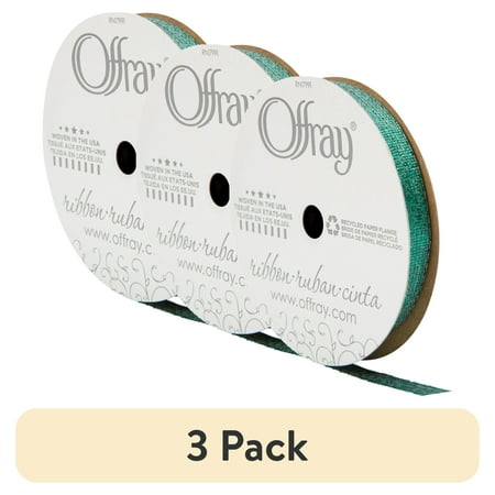 (3 pack) Offray Ribbon, Emerald Green 3/8 inch Galena Metallic Ribbon, 9 feet