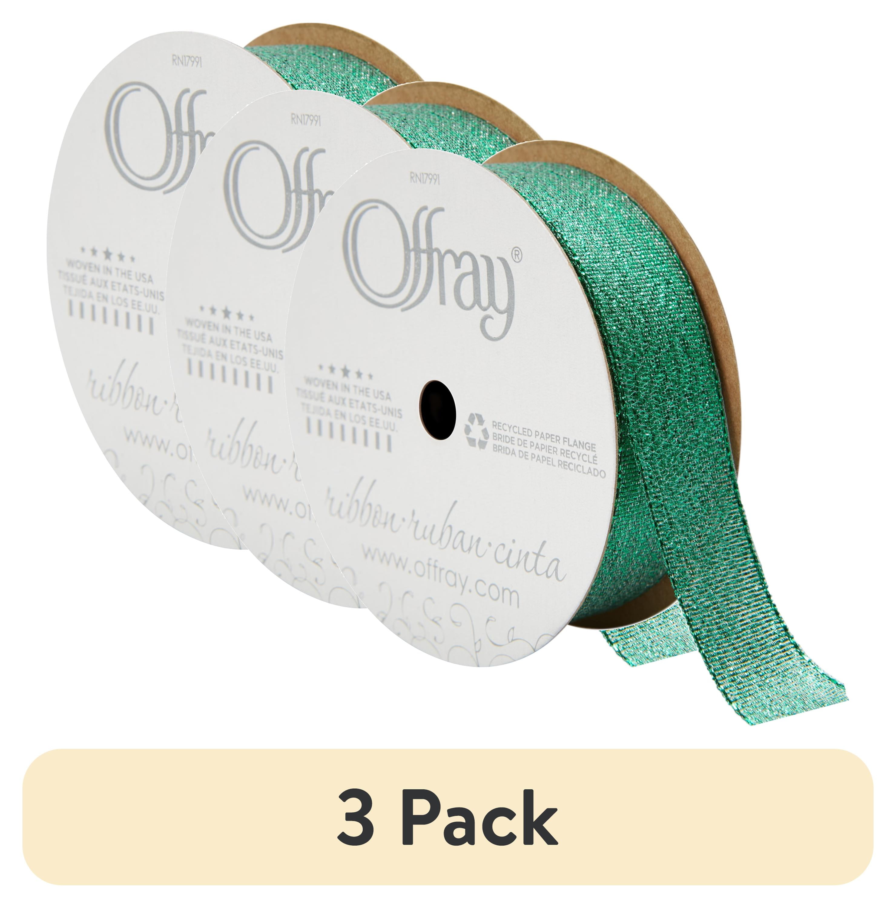 (3 pack) Offray Ribbon, Emerald Green 7/8 inch Galena Metallic Ribbon, 9 feet