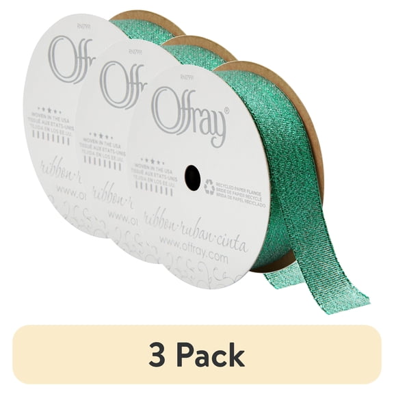 (3 pack) Offray Ribbon, Emerald Green 7/8 inch Galena Metallic Ribbon, 9 feet