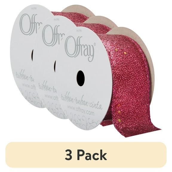 (3 pack) Offray Ribbon, Fuchsia Purple 1 1/2 inch Wired Edge Metallic Ribbon, 9 feet