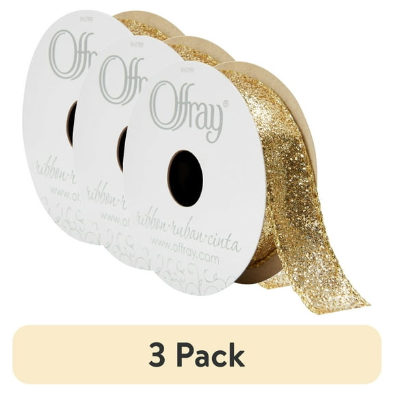 (3 pack) Offray Ribbon, Gold 7/8 inch Wired Edge Metallic Ribbon, 9 feet