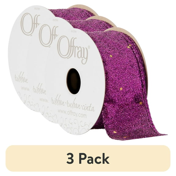 (3 pack) Offray Ribbon, Grape Purple 1 1/2 inch Wired Edge Metallic Ribbon, 9 feet