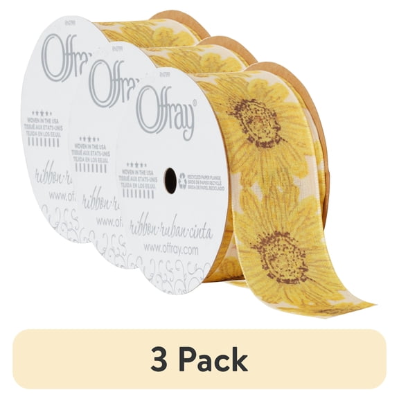 (3 pack) Offray Ribbon, Ivory 1 1/2 inch Sunflower Woven Ribbon for Sewing, Crafts, and Gifting, 9 feet, 1 Each