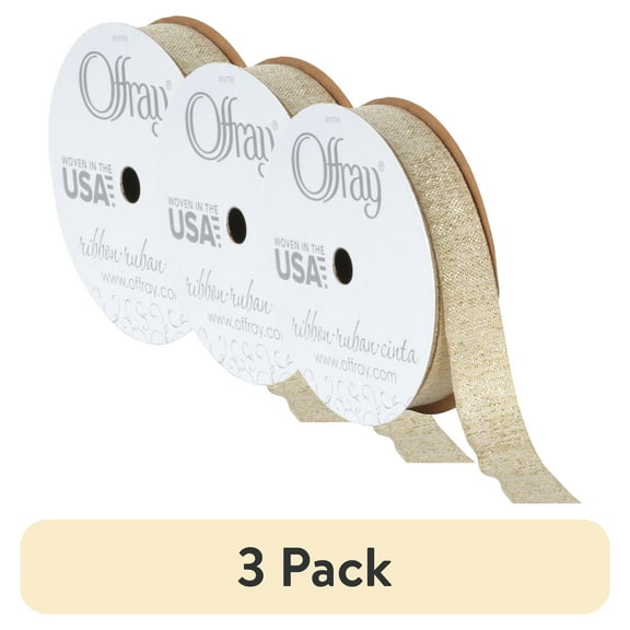 (3 pack) Offray Ribbon, Ivory 5/8 inch Gold Stitching Woven Ribbon, 9 feet