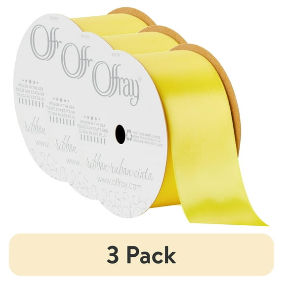 (3 pack) Offray Ribbon, Lemon Yellow 1 1/2 inch Single Face Satin Polyester Ribbon, 12 feet