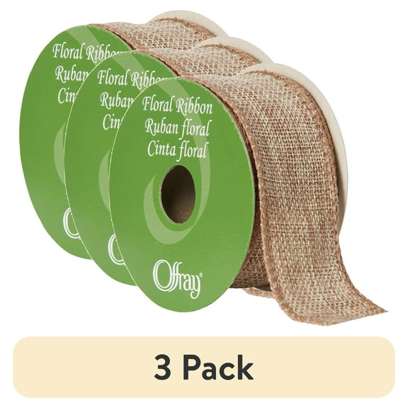 (3 pack) Offray Ribbon, Natural 1 1/2 inch Wired Linen-Look Ribbon, 12 feet