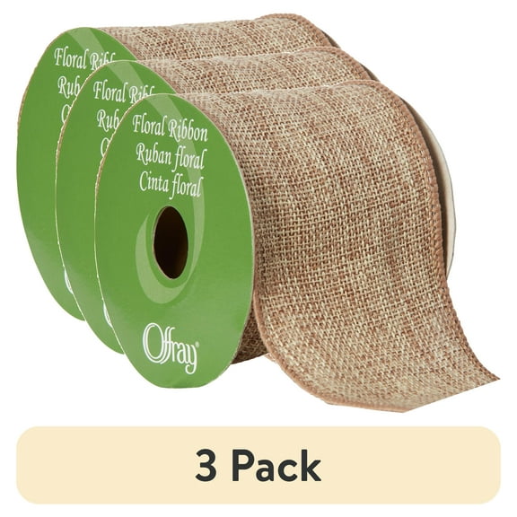 (3 pack) Offray Ribbon, Natural 2 1/2 inch Wired Linen-Look Ribbon for Floral, Crafts, and Decor, 12 feet, 1 Each