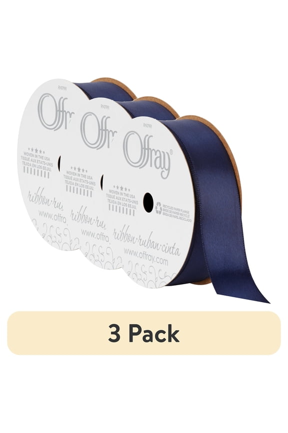(3 pack) Offray Ribbon, Navy 7/8 inch Single Face Satin Polyester Ribbon for Sewing, Crafts, and Gifting, 18 feet, 1 Each