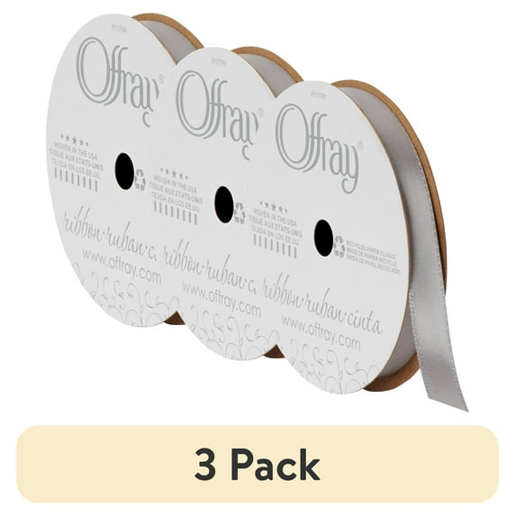 (3 pack) Offray Ribbon, Opal Gray 3/8 inch Single Face Satin Polyester Ribbon, 18 feet