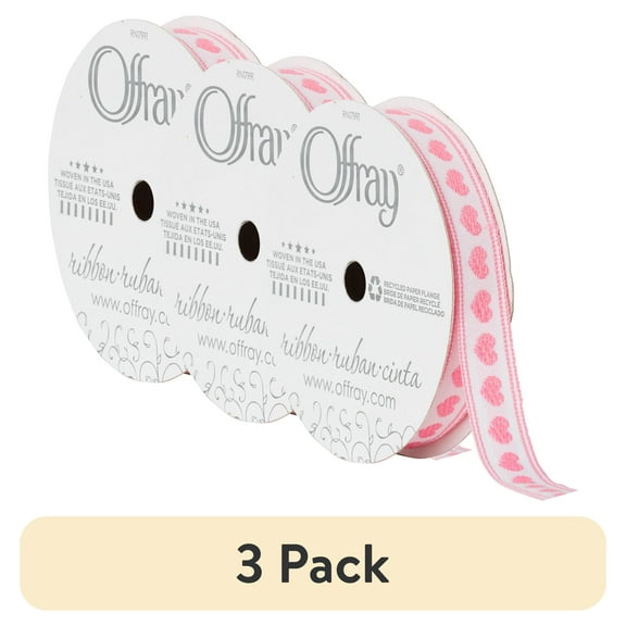 (3 pack) Offray Ribbon, Pink 3/8 inch Hearts Woven Ribbon, 9 feet