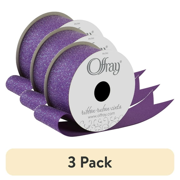 (3 pack) Offray Ribbon, Purple 1 1/2 inch Grosgrain Glitter Polyester Ribbon, 9 feet