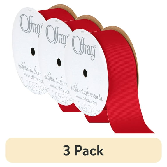 (3 pack) Offray Ribbon, Red 1 1/2 inch Grosgrain Polyester Ribbon, 12 feet