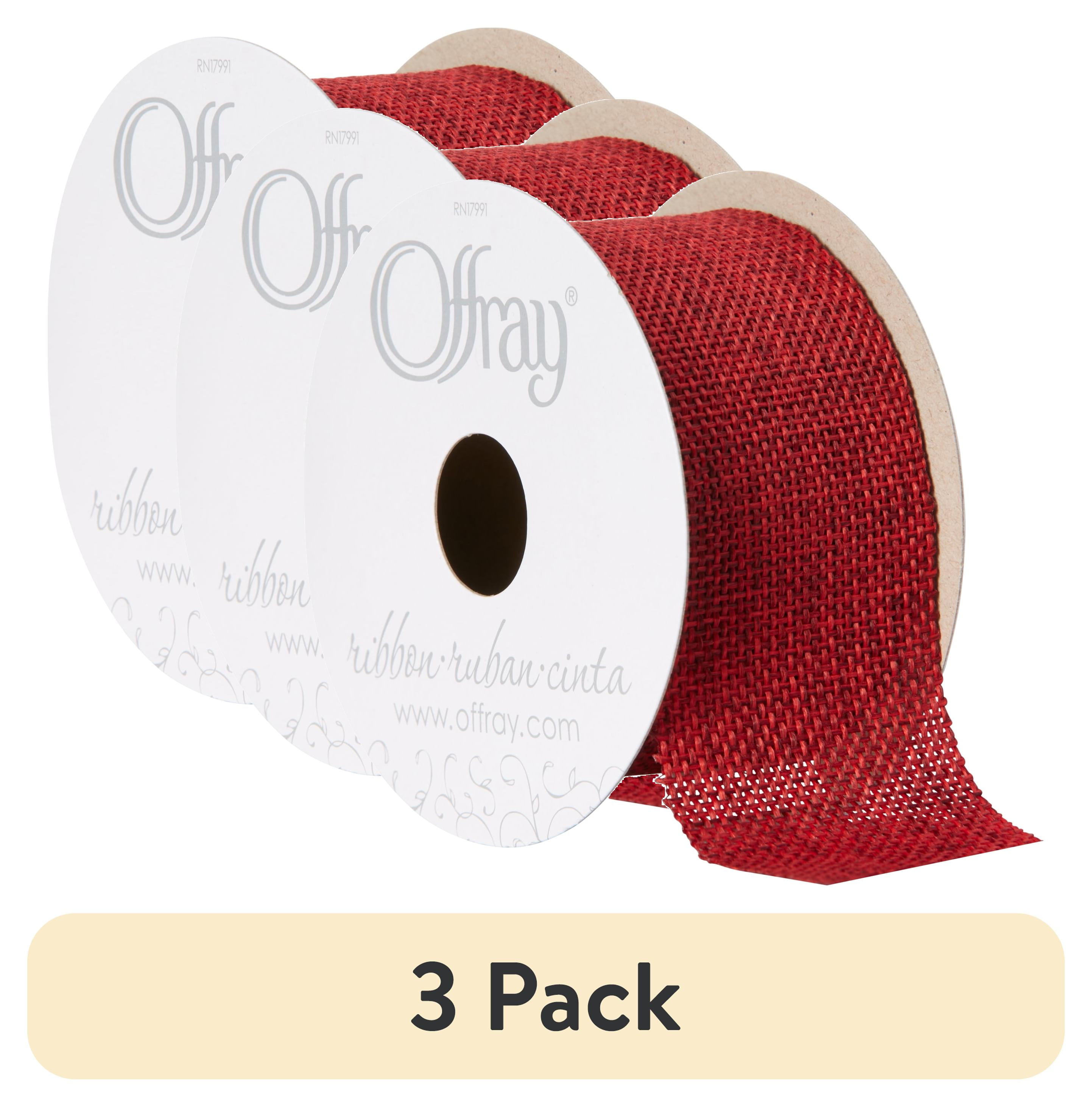 (3 pack) Offray Ribbon, Red 1 1/2 inch Woven Burlap Woven Ribbon, 9 feet